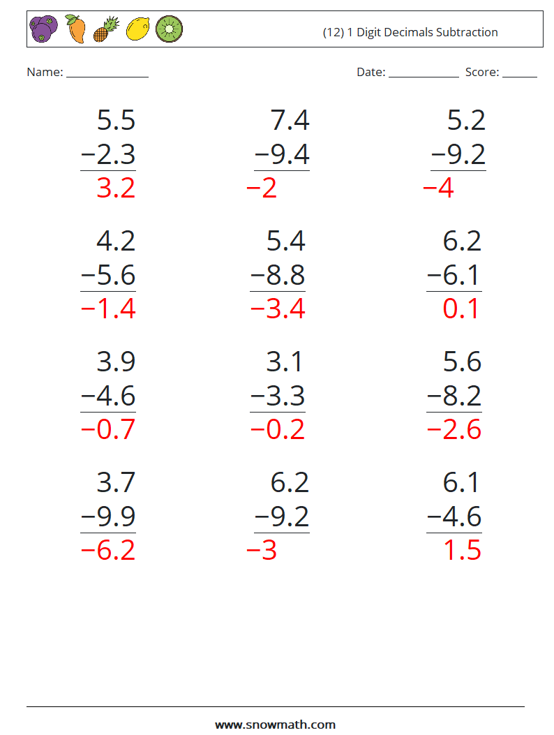 (12) 1 Digit Decimals Subtraction Math Worksheets 4 Question, Answer