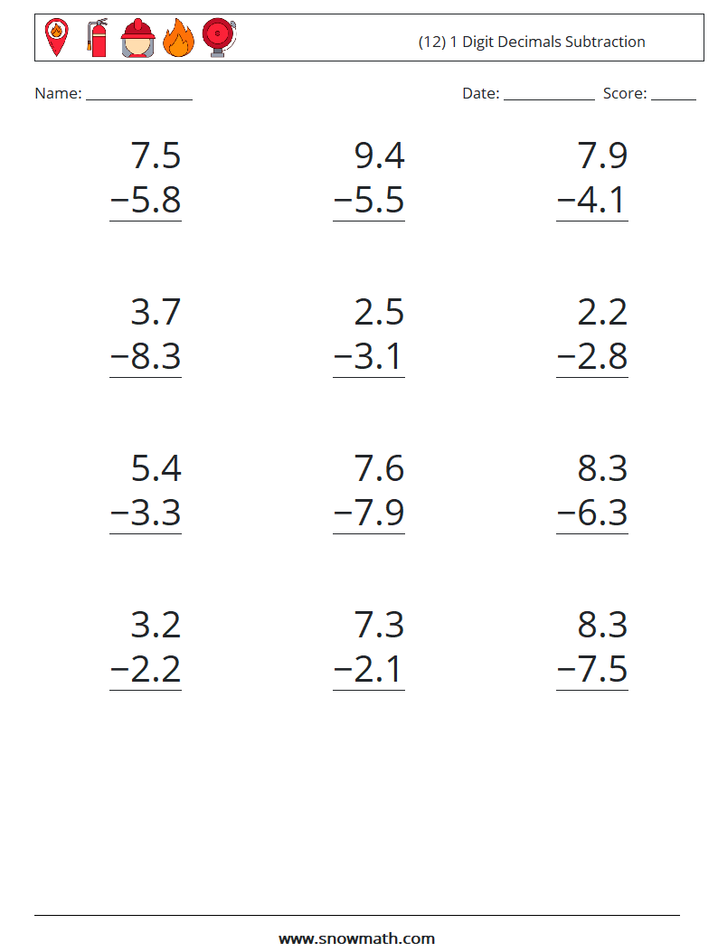 (12) 1 Digit Decimals Subtraction Maths Worksheets 7