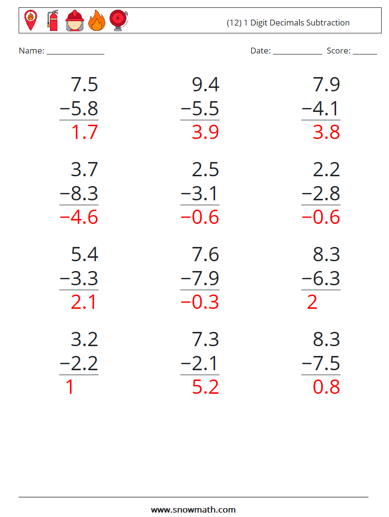 (12) 1 Digit Decimals Subtraction Math Worksheets 7 Question, Answer