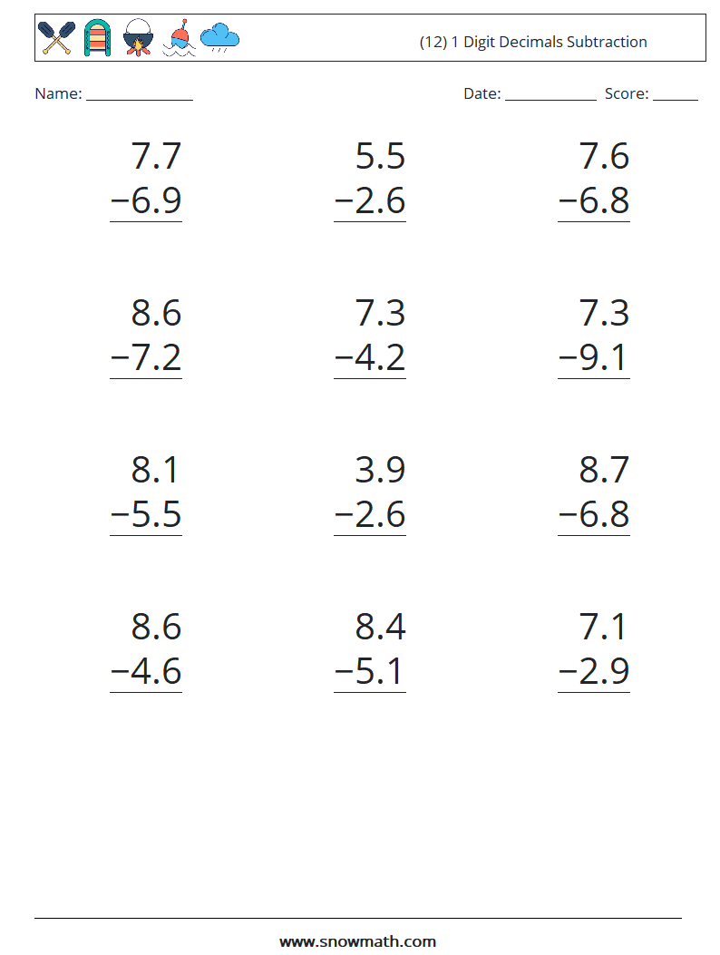 (12) 1 Digit Decimals Subtraction Maths Worksheets 8