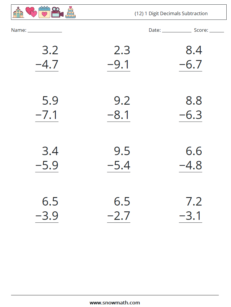 (12) 1 Digit Decimals Subtraction Maths Worksheets 9