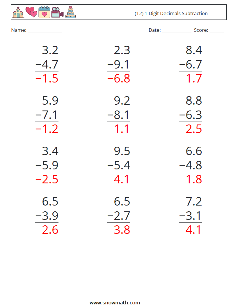 (12) 1 Digit Decimals Subtraction Math Worksheets 9 Question, Answer