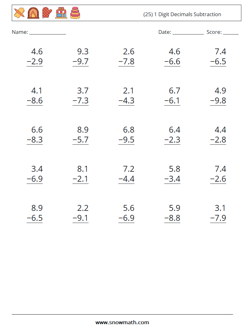 (25) 1 Digit Decimals Subtraction Maths Worksheets 1