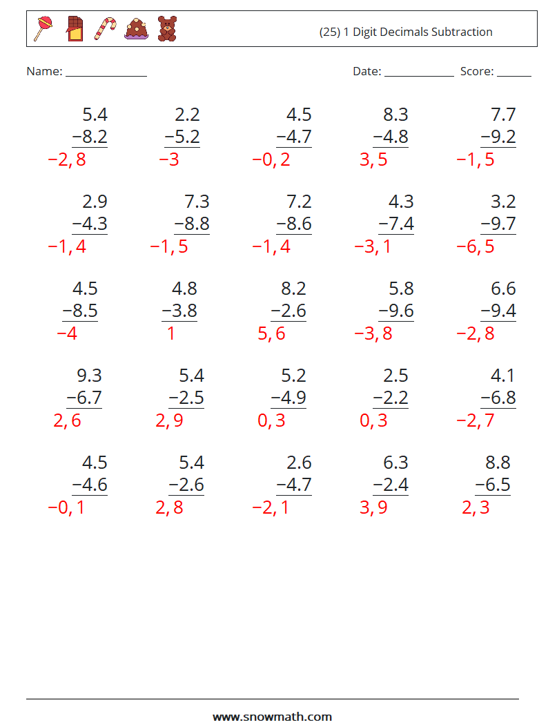 (25) 1 Digit Decimals Subtraction Math Worksheets 10 Question, Answer