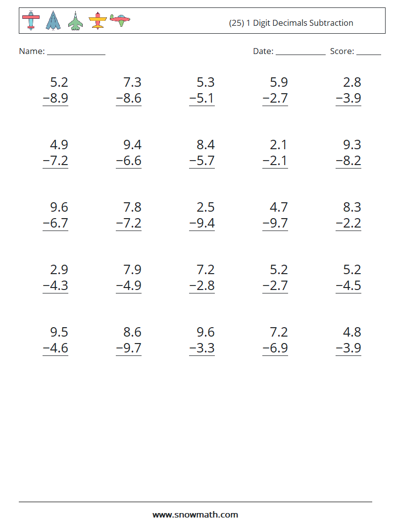 (25) 1 Digit Decimals Subtraction Math Worksheets 11