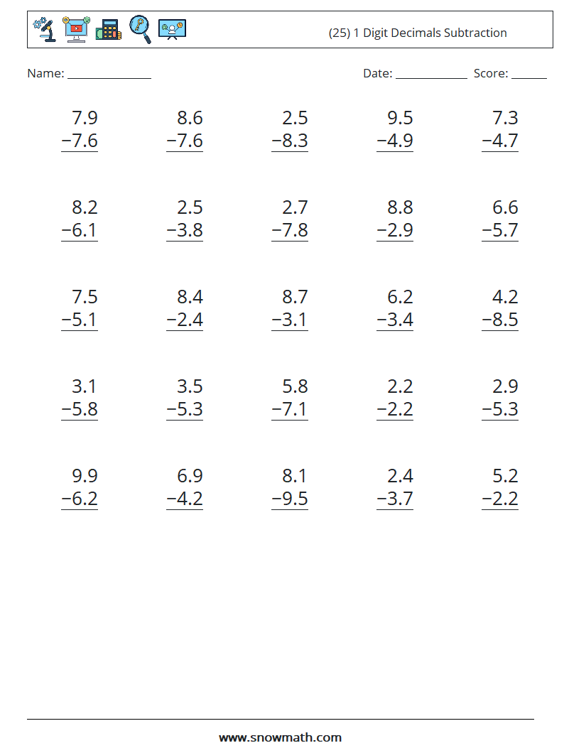 (25) 1 Digit Decimals Subtraction Maths Worksheets 17