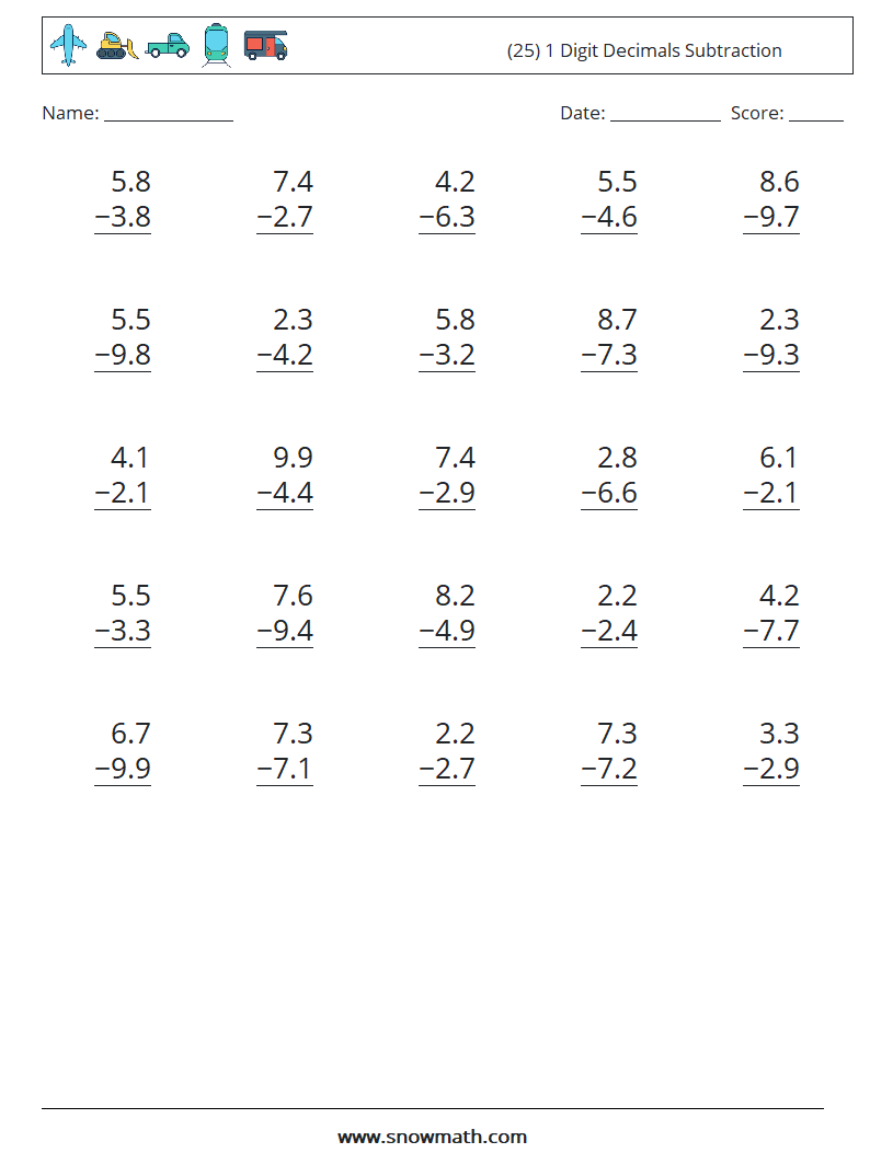 (25) 1 Digit Decimals Subtraction Math Worksheets 2