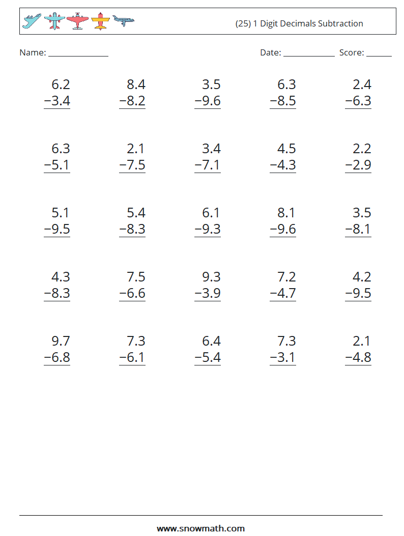 (25) 1 Digit Decimals Subtraction Maths Worksheets 3