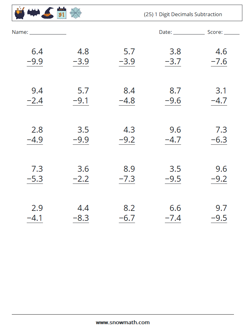 (25) 1 Digit Decimals Subtraction Math Worksheets 5