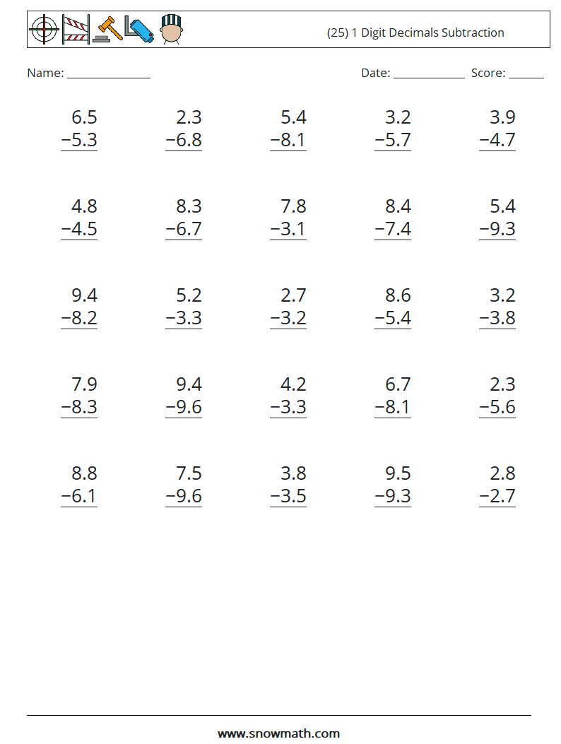 (25) 1 Digit Decimals Subtraction Maths Worksheets 7