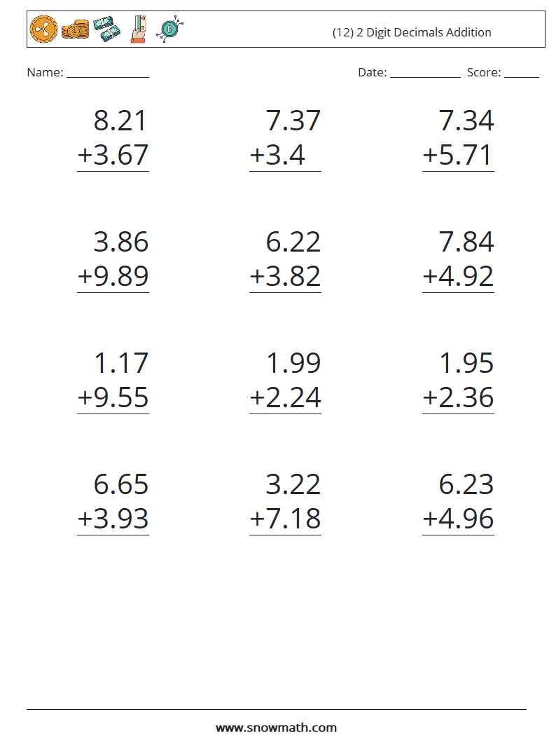 (12) 2 Digit Decimals Addition Maths Worksheets 1