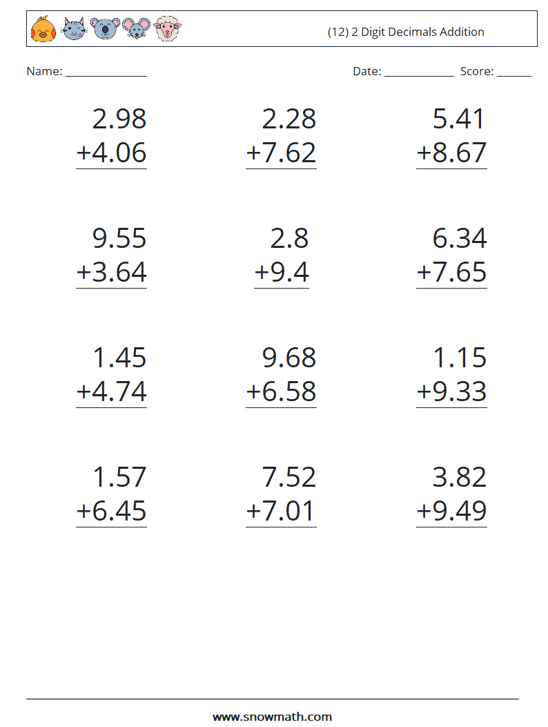 (12) 2 Digit Decimals Addition Math Worksheets 10