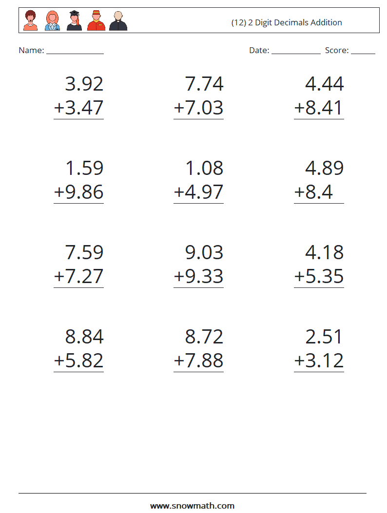 (12) 2 Digit Decimals Addition Maths Worksheets 11