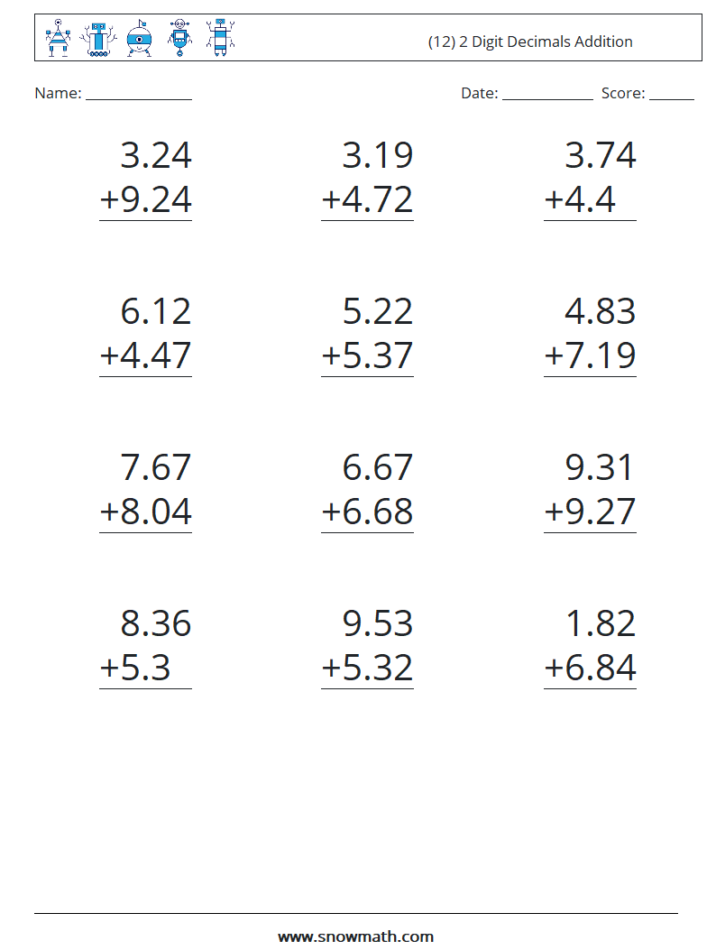 (12) 2 Digit Decimals Addition Math Worksheets 12