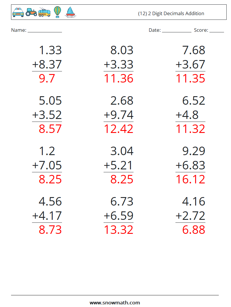 (12) 2 Digit Decimals Addition Math Worksheets 13 Question, Answer