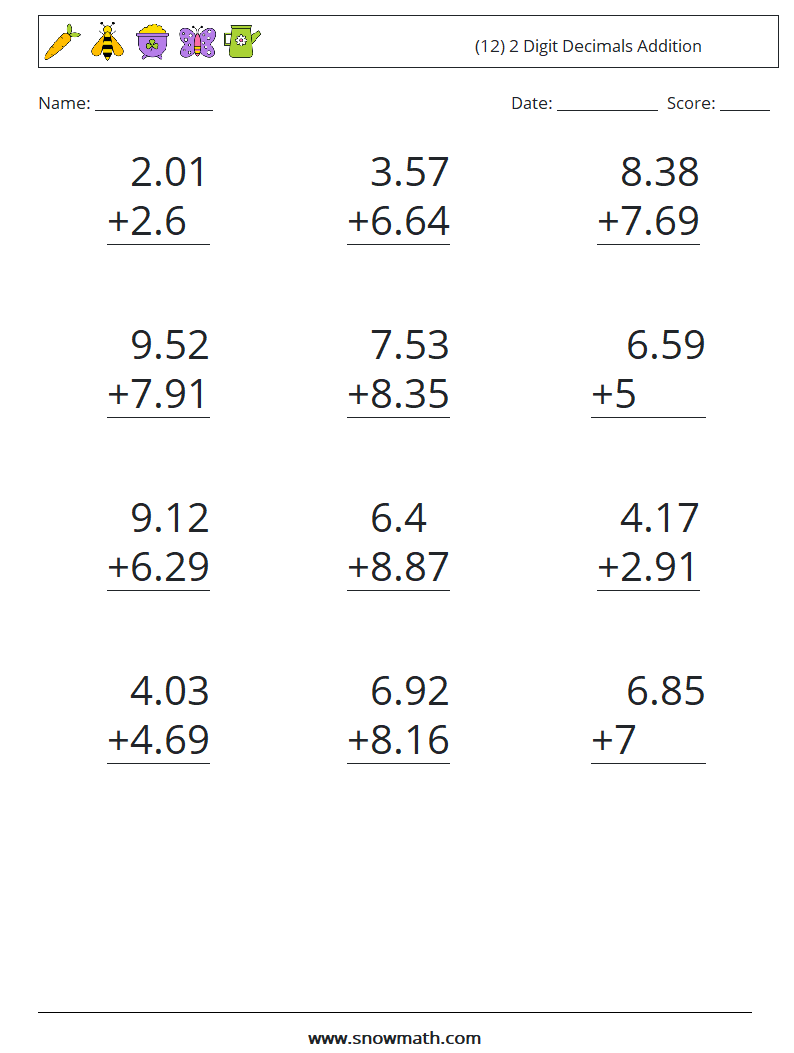 (12) 2 Digit Decimals Addition Math Worksheets 14