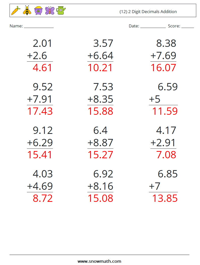 (12) 2 Digit Decimals Addition Math Worksheets 14 Question, Answer
