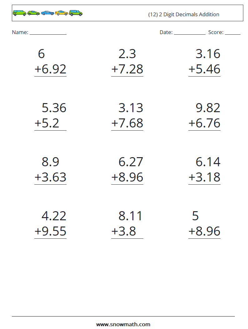 (12) 2 Digit Decimals Addition Math Worksheets 15