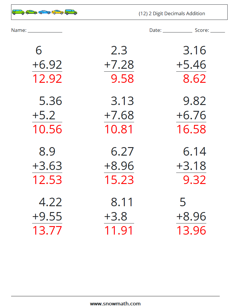 (12) 2 Digit Decimals Addition Math Worksheets 15 Question, Answer