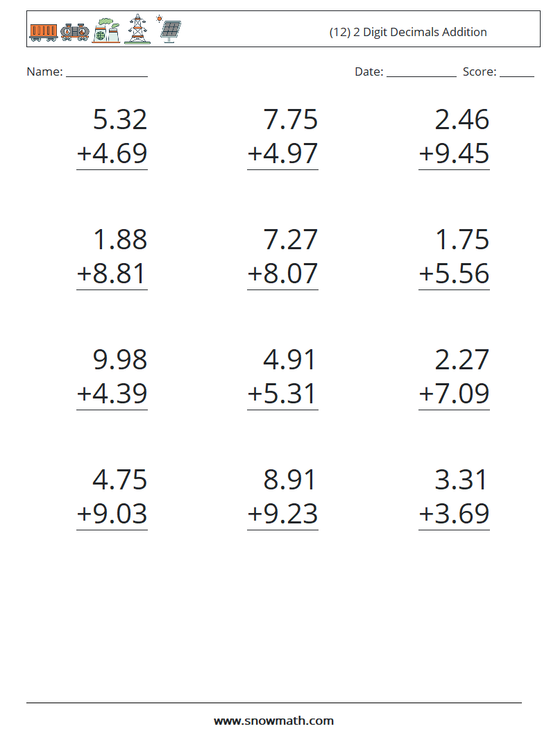 (12) 2 Digit Decimals Addition Maths Worksheets 16