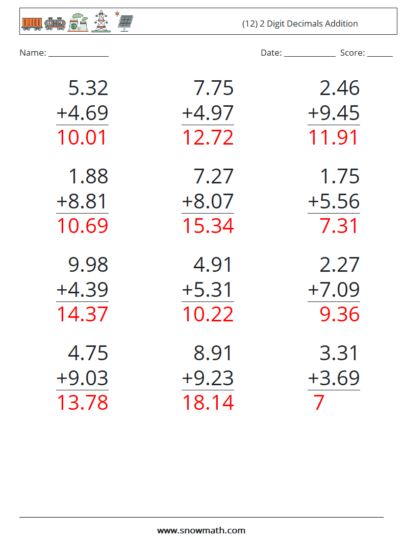 (12) 2 Digit Decimals Addition Math Worksheets 16 Question, Answer