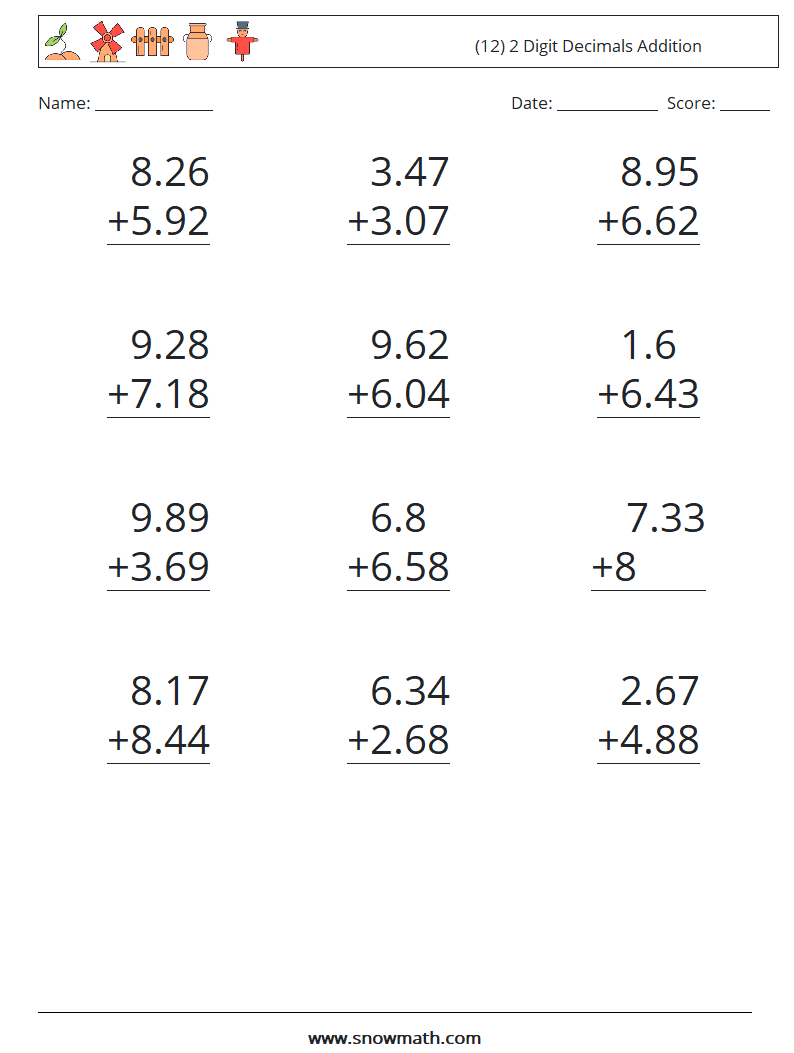 (12) 2 Digit Decimals Addition Maths Worksheets 17