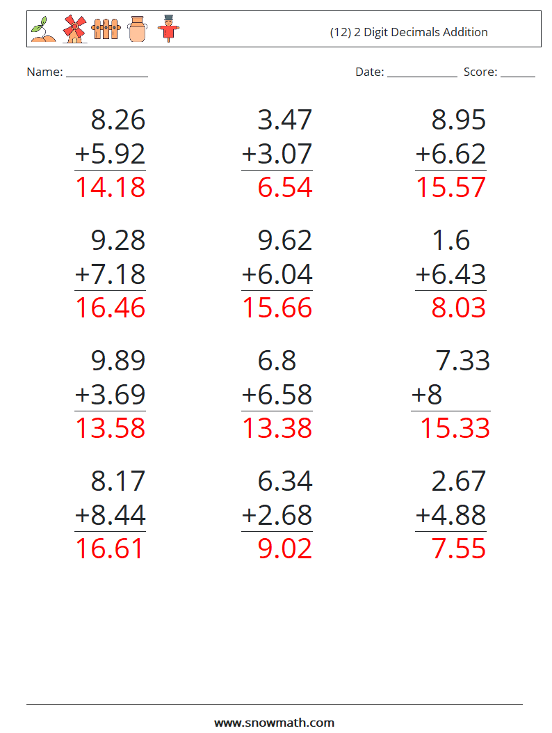 (12) 2 Digit Decimals Addition Math Worksheets 17 Question, Answer