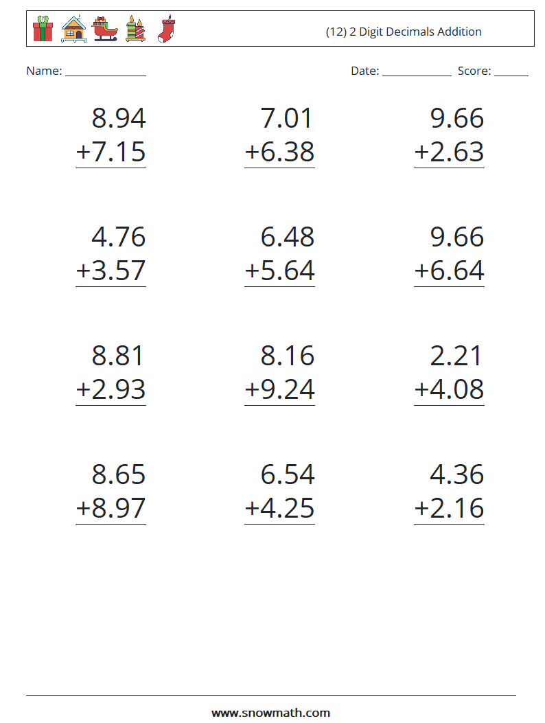 (12) 2 Digit Decimals Addition Maths Worksheets 18