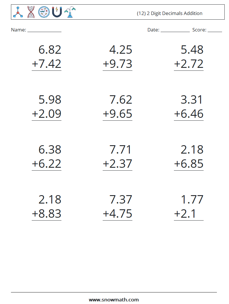 (12) 2 Digit Decimals Addition Math Worksheets 2