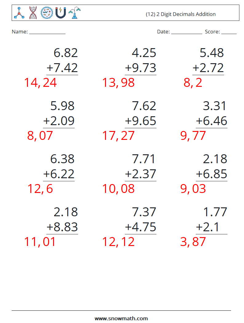 (12) 2 Digit Decimals Addition Math Worksheets 2 Question, Answer