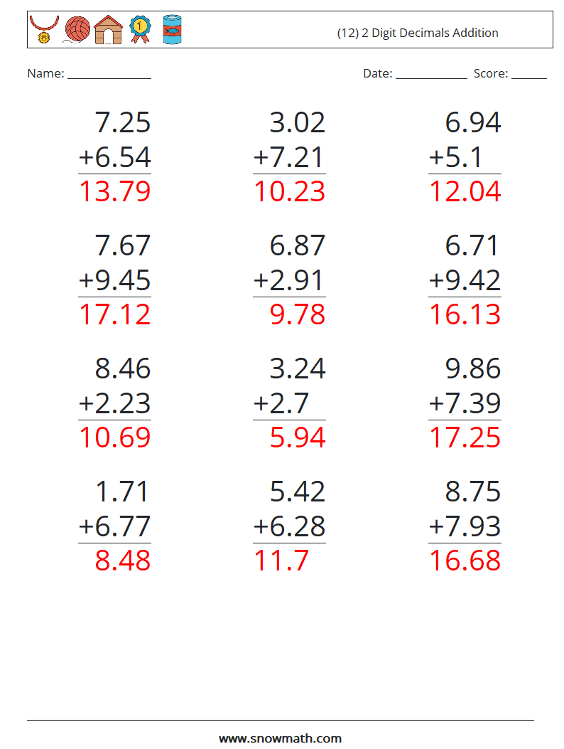 (12) 2 Digit Decimals Addition Math Worksheets 3 Question, Answer