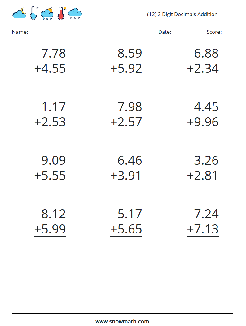 (12) 2 Digit Decimals Addition Maths Worksheets 4