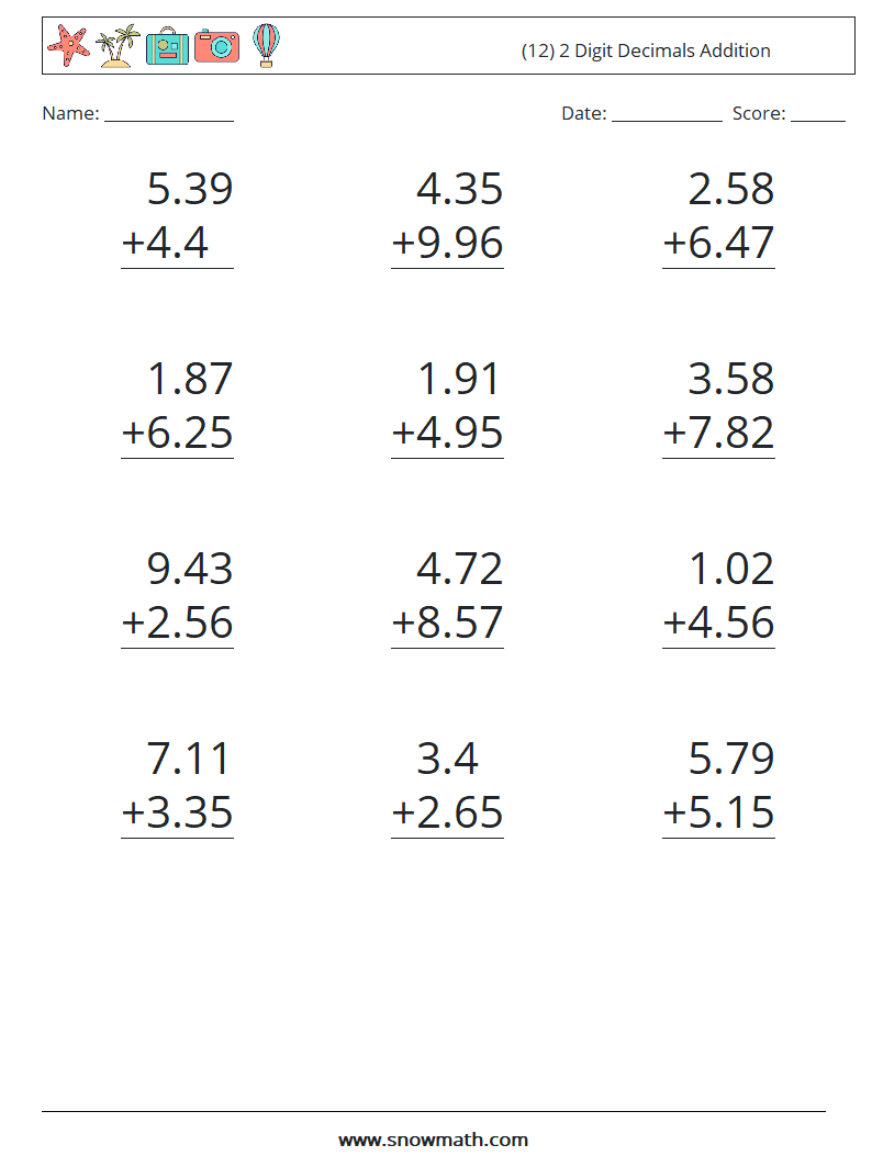 (12) 2 Digit Decimals Addition Math Worksheets 5