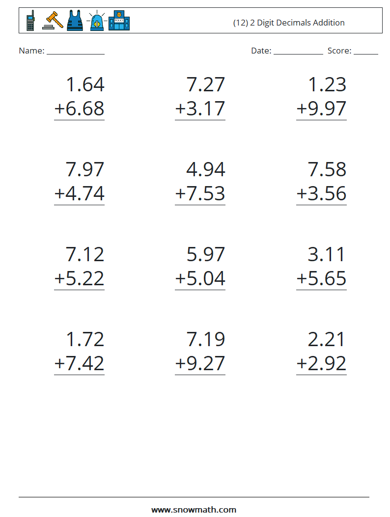 (12) 2 Digit Decimals Addition Maths Worksheets 6