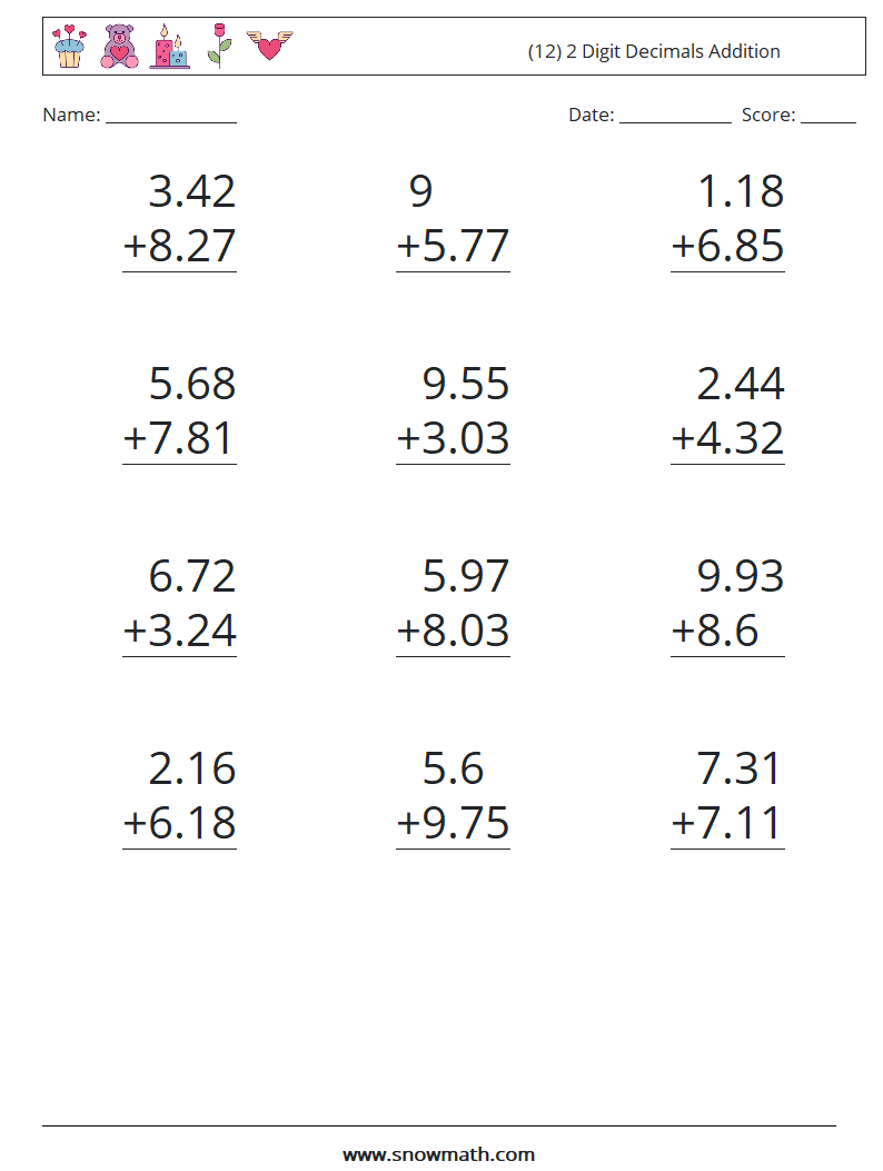 (12) 2 Digit Decimals Addition Math Worksheets 7