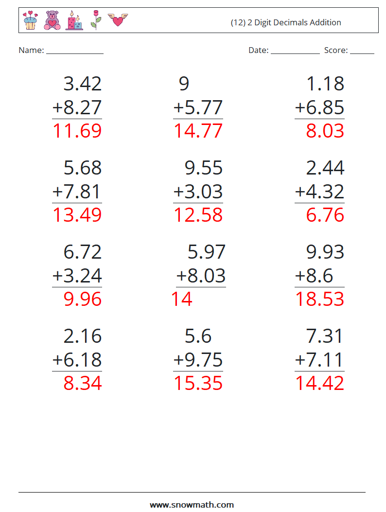 (12) 2 Digit Decimals Addition Math Worksheets 7 Question, Answer