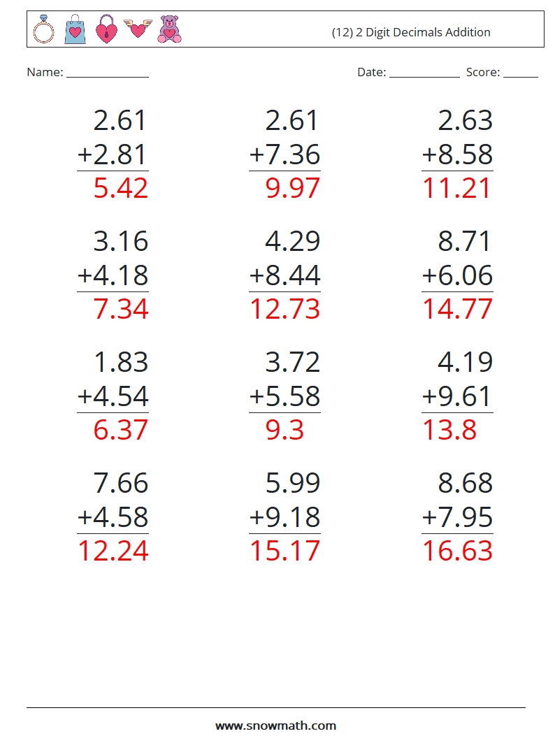 (12) 2 Digit Decimals Addition Math Worksheets 8 Question, Answer