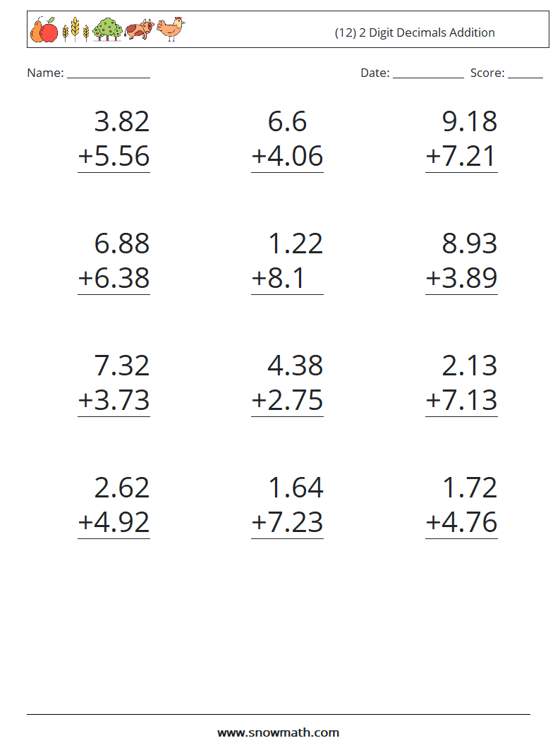 (12) 2 Digit Decimals Addition Math Worksheets 9