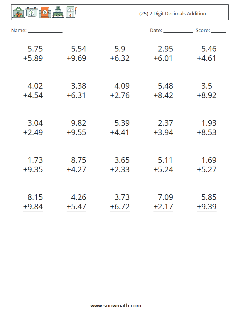 (25) 2 Digit Decimals Addition Math Worksheets 1