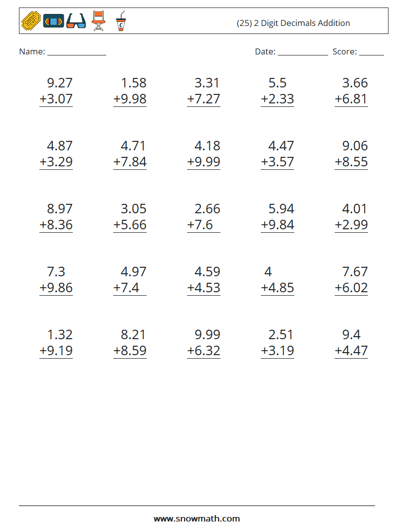 (25) 2 Digit Decimals Addition Math Worksheets 10