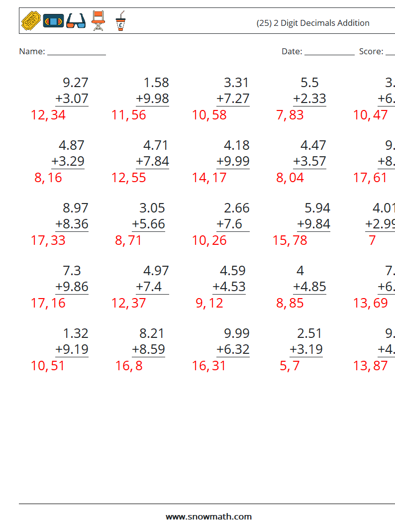 (25) 2 Digit Decimals Addition Math Worksheets 10 Question, Answer