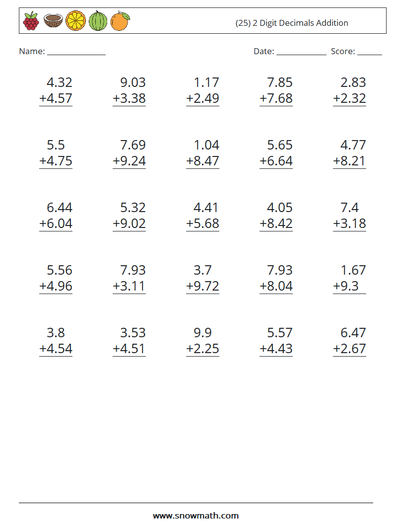 (25) 2 Digit Decimals Addition Math Worksheets 11