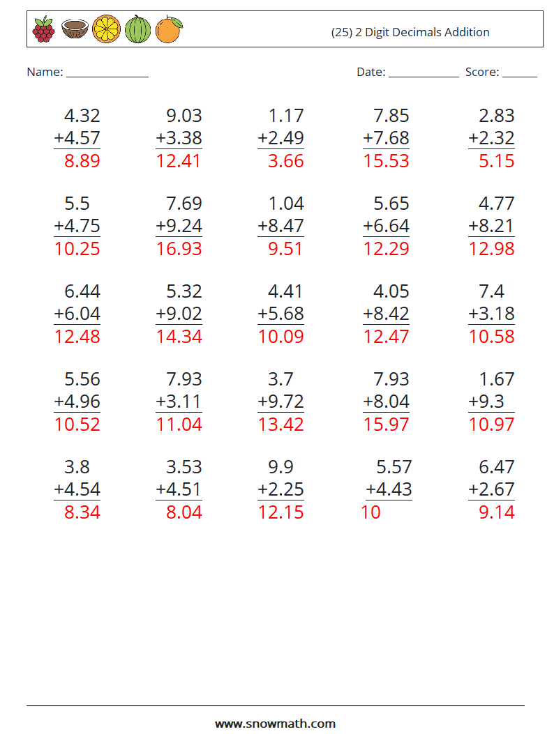 (25) 2 Digit Decimals Addition Math Worksheets 11 Question, Answer