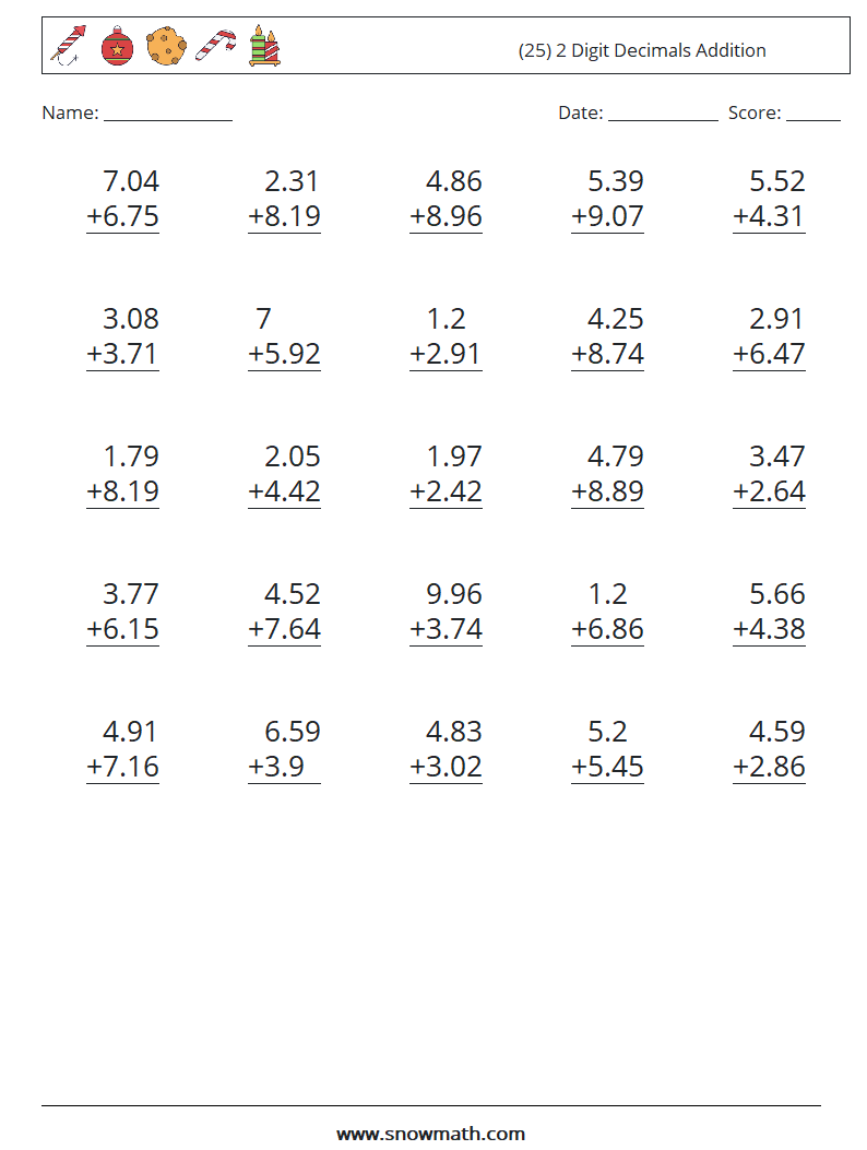 (25) 2 Digit Decimals Addition Maths Worksheets 12