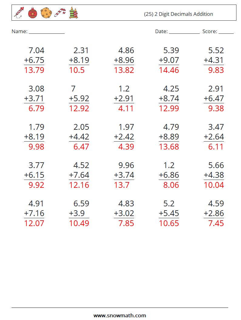 (25) 2 Digit Decimals Addition Math Worksheets 12 Question, Answer