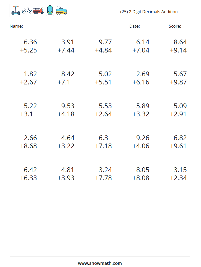 (25) 2 Digit Decimals Addition Math Worksheets 13