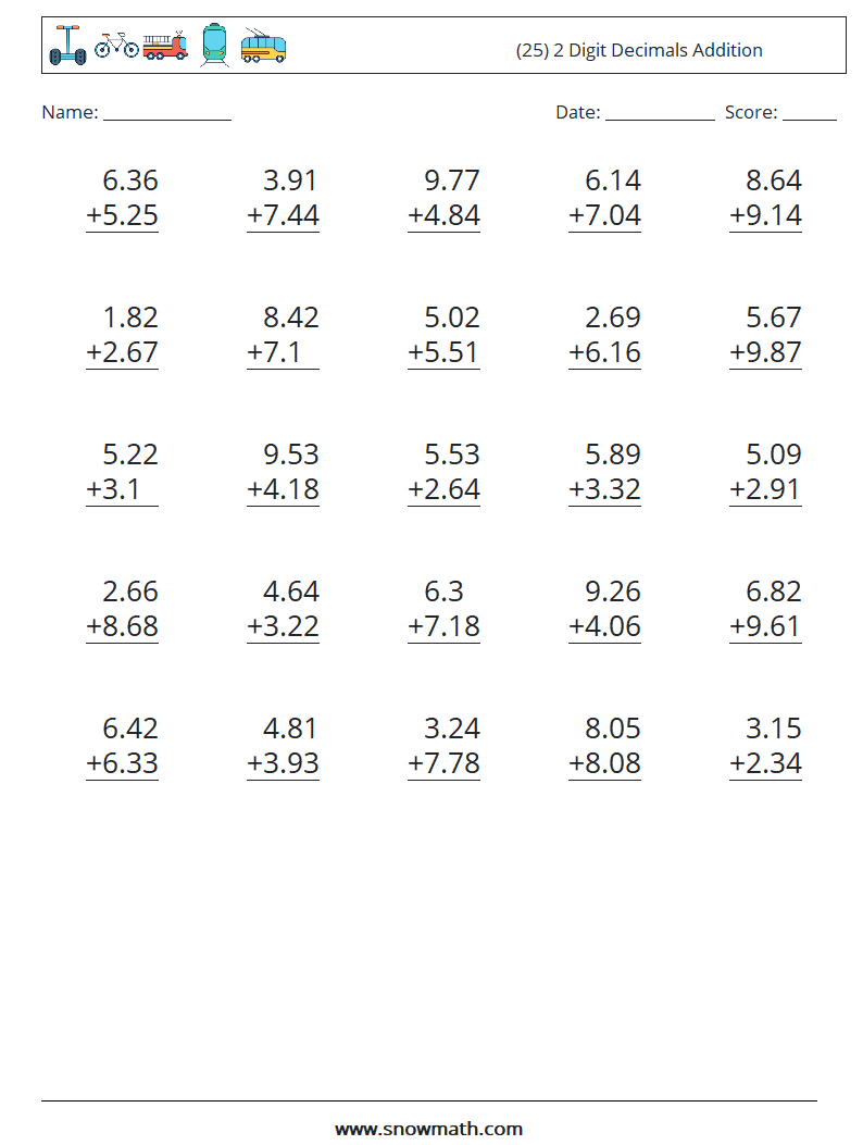 (25) 2 Digit Decimals Addition Maths Worksheets 13