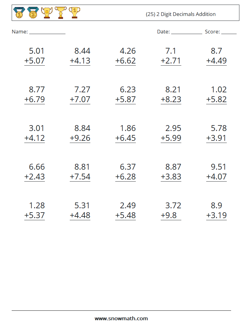 (25) 2 Digit Decimals Addition Math Worksheets 14