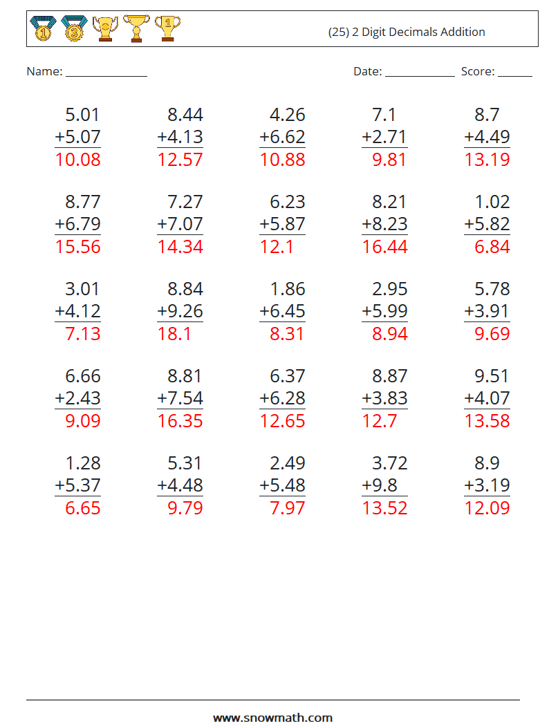 (25) 2 Digit Decimals Addition Math Worksheets 14 Question, Answer