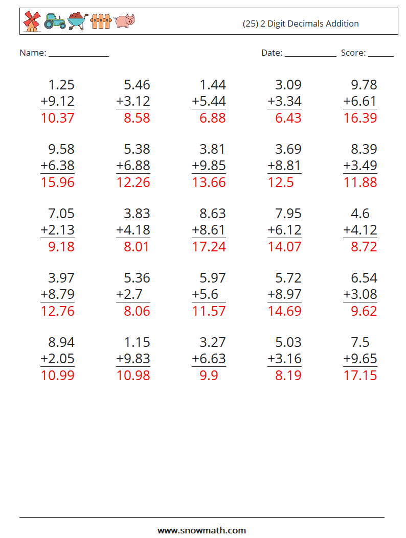 (25) 2 Digit Decimals Addition Math Worksheets 15 Question, Answer